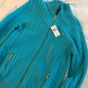 Lauren RL turquoise gold zip up cardigan.